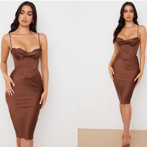 HOUSE OF CB S D-DD 'Myrna' Chocolate Satin Corset‎ Slip Dress NWOT - Picture 11 of 12